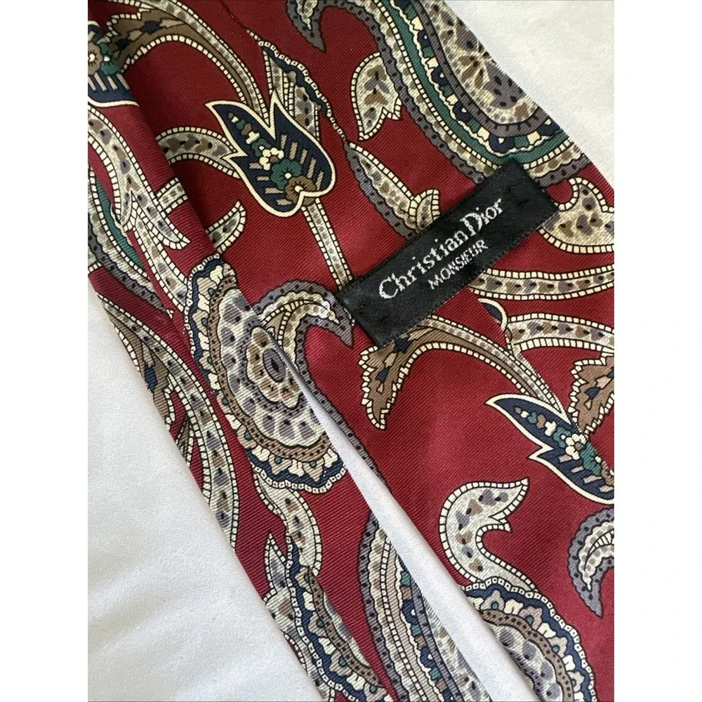 Christian Dior Monsieur Vintage Silk Tie Red Paisley Floral Geometric Designer